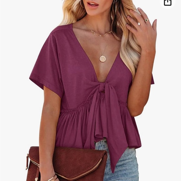 Women's Short Sleeve V Neck Blouse Ruffle Hem Tie Front Crop Top - Picture 2 of 6